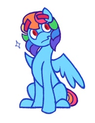 Size: 725x937 | Tagged: safe, artist:partyponypower, rainbow dash, pegasus, pony, g4, alternate eye color, alternate hairstyle, alternate universe, colored eyebrows, eyebrows, eyebrows visible through hair, looking back, male, missing cutie mark, multicolored hair, no catchlights, partially open wings, rainbow hair, rainbow tail, red eyes, red pupils, simple background, sitting, smiling, solo, sparkles, tail, thick eyebrows, trans male, trans rainbow dash, transgender, white background, wings