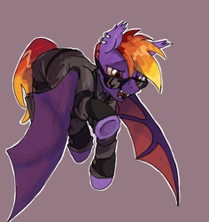 Size: 951x1008 | Tagged: safe, artist:tarsaqus, oc, oc only, bat pony, pony, bat pony oc, brown background, clothes, flying, purple coat, simple background, solo, sunglasses