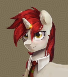 Size: 1412x1600 | Tagged: safe, artist:tarsaqus, oc, oc only, oc:kris button, pony, unicorn, fallout equestria, brown background, bust, clothes, gray coat, horn, necktie, painting, red mane, smiling, solo