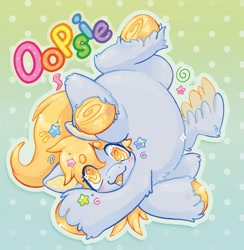 Size: 1996x2048 | Tagged: safe, artist:ibbledribble, derpy hooves, pegasus, pony, g4, :3, alternate accessories, alternate design, beanbrows, big hooves, blonde mane, blonde tail, blue eyelashes, blush lines, blushing, chest fluff, cmyk, colored eyebrows, colored eyelashes, colored hooves, colored mouth, colored pinnae, colored tongue, colored wings, colored wingtips, cute, derp, derpabetes, derpy being derpy, dizzy, ear markings, eyebrows, eyebrows visible through hair, eyelashes, facing you, female, gradient background, gray coat, hair accessory, hock fluff, hooves, lighter coat, mane accessory, mare, one wing out, open mouth, open smile, outline, patterned background, polka dot background, rainbow text, shiny coat, shiny mane, shiny tail, silver coat, smiling, solo, sparkles, stars, swirls, swirly eyes, tail, tail accessory, text, tripped, two toned wings, unshorn fetlocks, wall of tags, wing fluff, wings, yellow hooves, yellow mane, yellow mouth, yellow tail, yellow tongue, yellow wingtips