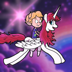 Size: 2512x2512 | Tagged: safe, artist:ponysalvadoreno, oc, oc:fausticorn, alicorn, human, pony, g4, aaron mitchell, crossover, female, flying, humans riding ponies, lauren faust, male, mare, riding, riding a pony, smiling, sweet dreams fuel, the mitchells vs. the machines