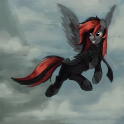 Size: 2560x2560 | Tagged: safe, artist:tarsaqus, oc, pegasus, pony, cloud, detailed background, female, gray coat, grin, high res, mare, painting, red mane, sky, smiling, solo