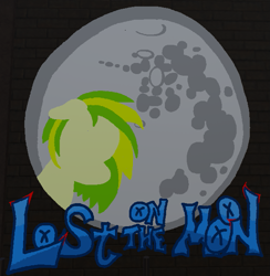 Size: 629x645 | Tagged: safe, artist:pashkek, oc, oc only, oc:wooden toaster, pegasus, blue text, brick wall, female, graffiti, green hair, lost on the moon, mare, mare in the moon, moon, multicolored hair, no eyes, no face, no mouth, roblox, solo, text, yellow hair, yellow skin