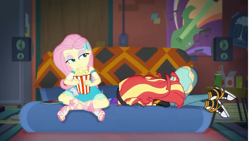 Size: 1273x720 | Tagged: safe, artist:trrrebleee, edit, edited screencap, screencap, fluttershy, sunset shimmer, equestria girls, g4, converse, crossed legs, duo, duo female, female, fluttershy boho dress, food, lidded eyes, meme, shoes, skinny, sunset's apartment, thin