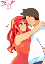 Size: 1400x2000 | Tagged: safe, artist:sozglitch, sunset shimmer, oc, oc:generic messy hair anime anon, human, g4, big breasts, breasts, busty sunset shimmer, canon x oc, duo, duo male and female, female, floating heart, heart, height difference, hug, huge breasts, humanized, larger male, male, shipping, simple background, smaller female, smiling, straight, white background