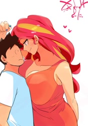 Size: 1400x2000 | Tagged: safe, artist:sozglitch, sunset shimmer, oc, oc:generic messy hair anime anon, human, g4, bedroom eyes, big breasts, breasts, busty sunset shimmer, canon x oc, duo, duo male and female, female, floating heart, heart, height difference, hug, huge breasts, humanized, larger female, male, shipping, simple background, size difference, smaller male, smiling, straight, white background