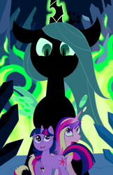 Size: 1242x1920 | Tagged: safe, artist:doughnut-doodles, princess cadance, queen chrysalis, twilight sparkle, alicorn, changeling, changeling queen, pony, unicorn, a canterlot wedding, g4, sisters-in-law, unicorn twilight