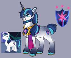 Size: 1280x1052 | Tagged: safe, artist:malinraf1615, screencap, shining armor, pony, unicorn, g4, alternate cutie mark, alternate design, alternate hairstyle, alternate tailstyle, alternate universe, beard, blue eyes, blue hooves, blue mane, blue pupils, blue tail, chest fluff, coat markings, colored hooves, colored horn, colored pinnae, colored pupils, countershading, curved horn, ear fluff, episode needed, eye markings, facial hair, facial markings, gradient eyes, gradient legs, gray background, hooves, horn, horn ring, horseshoes, long horn, long mane, long mane male, male, peytral, ponytail, redesign, reference used, ring, short mane, simple background, socks (coat markings), solo, spots, spotted, stallion, star (coat marking), striped horn, tail, three toned mane, three toned tail, tied mane, unicorn horn, unshorn fetlocks, wall of tags, white coat