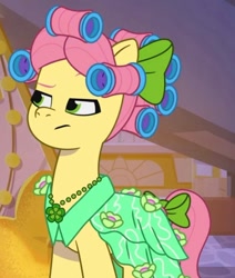 Size: 836x987 | Tagged: safe, screencap, posey bloom, earth pony, pony, g5, my little pony: tell your tale, sleepover!!, spoiler:g5, spoiler:my little pony: tell your tale, spoiler:tyts02e18, cropped, female, hair curlers, mare, solo