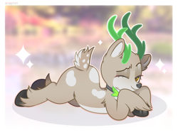 Size: 2200x1670 | Tagged: safe, artist:scarffist, oc, oc only, oc:freya, deer, antlers, belly, belly button, cheek fluff, chest fluff, commission, doe, ear fluff, female, floppy ears, looking at you, lying down, one eye closed, passepartout, prone, signature, smiling, soldier, solo, tail, tan fur, unshorn fetlocks, ych result