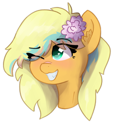 Size: 912x998 | Tagged: safe, artist:solarhors, derpibooru exclusive, oc, oc only, oc:roosie, original species, pony, blushing, bust, cute, cute little fangs, ear fluff, eye clipping through hair, eyebrows, eyebrows visible through hair, fangs, female, flower, flower in hair, flower on ear, grin, hair over one eye, one eye closed, one eye open, portrait, simple background, smiling, solo, transparent background