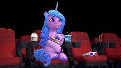 Size: 3840x2160 | Tagged: safe, artist:owlpirate, izzy moonbow, pony, unicorn, g5, 3d, 3d glasses, 4k, cinema, cute, drink, female, food, high res, horn, izzybetes, mare, open mouth, open smile, popcorn, popcorn bucket, sitting, smiling, solo, source filmmaker