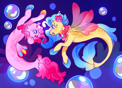 Size: 2048x1472 | Tagged: safe, artist:cocopudu, pinkie pie, princess skystar, earth pony, pony, seapony (g4), g4, abstract background, alternate design, bioluminescent, blaze (coat marking), blue eyelashes, blue eyes, blue mane, blue pupils, blue tail, bubble, coat markings, colored eyebrows, colored eyelashes, colored hooves, colored pupils, coral, curly mane, curly tail, dorsal fin, duo, duo female, eyebrows, eyebrows visible through hair, facial markings, female, fin, fin ears, fin wings, fins, fish tail, flower, flower in hair, flowing mane, gradient mane, gradient tail, head fin, hooves, lesbian, looking at each other, looking at someone, mane hold, mare, mismatched hooves, multicolored hooves, ocean, open mouth, open smile, pearl, pink body, pink mane, pink tail, profile, scales, seaponified, seapony pinkie pie, seaquestria, seaweed, ship:skypie, shipping, smiling, smiling at someone, species swap, striped mane, striped tail, swimming, tail, tail fin, underwater, wall of tags, water, wings, yellow body