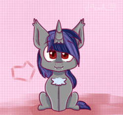 Size: 1572x1472 | Tagged: safe, artist:deadsmoke, oc, oc only, oc:dreaming star, bat pony, bat pony unicorn, hybrid, unicorn, chibi, cute, fangs, horn, red eyes, sitting, smiling, solo