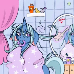 Size: 2560x2560 | Tagged: safe, artist:namelessplaza, derpibooru exclusive, trixie, pony, unicorn, g4, bathroom, brush, brushing, hairbrush, horn, magic, mirror, perfume, routine, rubber duck, shampoo, sketch, solo, telekinesis, toothbrush, toothpaste, towel, wet, wet mane