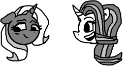 Size: 460x241 | Tagged: safe, artist:rosa ushiromiya, starlight glimmer, trixie, pony, unicorn, g4, black and white, blushing, duo, duo female, female, grayscale, horn, lesbian, mare, monochrome, pixel-crisp art, ship:startrix, shipping, simple background, white background