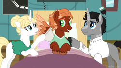 Size: 3840x2160 | Tagged: safe, artist:limedazzle, oc, oc only, oc:golden flare, pegasus, pony, unicorn, bandage, bed, female, horn, hospital, hospital bed, male, mare, stallion, trio