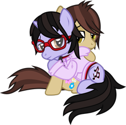 Size: 1334x1320 | Tagged: safe, artist:lightningbolt, derpibooru exclusive, earth pony, pony, unicorn, .svg available, brendon urie, clothes, duo, duo male, gay, glasses, hood, hoodie, horn, hug, lidded eyes, long sleeves, looking at each other, looking at someone, male, panic! at the disco, ponified, ryan ross, shipping, shirt, show accurate, simple background, sitting, smiling, stallion, svg, transparent background, undershirt, vector