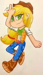 Size: 1378x2400 | Tagged: safe, artist:imtailsthefoxfan, applejack, human, g4, belt, belt buckle, boots, clothes, cowboy boots, cowboy hat, cowgirl, denim, female, hat, humanized, jeans, pants, shoes, solo, stetson, vest