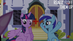 Size: 2000x1125 | Tagged: safe, edit, edited screencap, editor:quoterific, screencap, minuette, spike, twilight sparkle, alicorn, pony, unicorn, amending fences, g4, camera shot, canterlot, caption, duo, horn, text, twilight sparkle (alicorn)