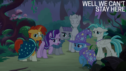 Size: 2000x1125 | Tagged: safe, edit, edited screencap, editor:quoterific, screencap, maud pie, mudbriar, starlight glimmer, sunburst, terramar, trixie, earth pony, hippogriff, pony, unicorn, g4, season 9, student counsel, caption, everfree forest, horn, petrification, text, worried