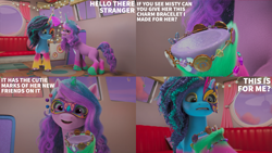 Size: 2000x1125 | Tagged: safe, edit, edited screencap, editor:quoterific, screencap, izzy moonbow, misty brightdawn, pony, unicorn, g5, my little pony: make your mark, my little pony: make your mark chapter 4, the manesquerade ball, duo, eyeshadow, female, freckles, horn, makeup, mare, marestream, masquerade mask, string lights, talking, text, two toned mane, unshorn fetlocks