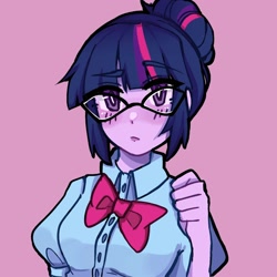 Size: 2000x2000 | Tagged: safe, artist:yami66883, sci-twi, twilight sparkle, human, equestria girls, g4, blushing, bowtie, clothes, cute, female, glasses, necktie, pink background, shirt, simple background, solo, twiabetes