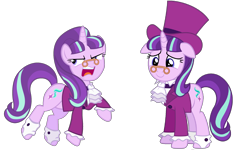 Size: 2096x1256 | Tagged: safe, artist:starlightglimmer04, snowfall frost, starlight glimmer, pony, unicorn, a hearth's warming tail, g4, a christmas carol, clothes, ebenezer scrooge, female, hat, horn, simple background, spectacles, transparent background, vector, vest