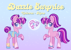 Size: 1035x732 | Tagged: safe, artist:y2kitty, oc, oc only, oc:dazzle surprise, pony, unicorn, g4, ballerina, ballet slippers, bangs, base used, big eyes, blue eyelashes, blue eyes, blue pupils, bracelet, chest marking, clothes, cloven hooves, coat markings, colored eyelashes, colored hooves, colored pupils, curved horn, facial markings, female, female oc, gradient background, hair bun, hooves, horn, jewelry, lanky, leotard, long tail, looking back, magical lesbian spawn, mare, mare oc, next generation, offspring, parent:pinkie pie, parent:twilight sparkle, parents:twinkie, ponytail, purple coat, purple hooves, reference sheet, signature, skinny, smiling, socks (coat markings), solo, sparkles, star (coat marking), tail, tail bun, tail tie, tall, text, thin, three toned mane, three toned tail, tied mane, tied tail, unicorn horn, unicorn oc, yellow text