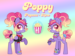 Size: 971x732 | Tagged: safe, artist:y2kitty, oc, oc only, oc:poppy, pegasus, pony, g4, autism spectrum disorder, bangs, base used, bracelet, braces, choker, clothes, collared shirt, colored pupils, colored wings, colored wingtips, curly mane, curly tail, female, female oc, folded wings, food, freckles, gradient background, gradient eyes, gradient mane, gradient tail, jewelry, lanky, long legs, looking back, magenta pupils, magical lesbian spawn, mare, necklace, next generation, offspring, parent:pinkie pie, parent:twilight sparkle, parents:twinkie, pegasus oc, ponytail, popcorn, pride, pride flag, purple coat, raised hoof, reference sheet, scrunchie, shirt, sidebangs, signature, skinny, smiling, solo, standing, standing on three hooves, tail, tail bun, tail tie, tall, thin, tied mane, tied tail, two toned mane, two toned tail, two toned wings, wings, yellow wingtips