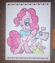 Size: 750x861 | Tagged: safe, artist:lullapiies, pinkie pie, pony, g4, coloring page, holiday, mailbox, solo, traditional art, valentine, valentine's day