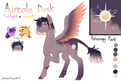 Size: 3000x2000 | Tagged: safe, artist:squishkitti, part of a set, sunset shimmer, twilight sparkle, oc, oc:aureole dusk, alicorn, pony, g4, alicorn oc, blue eyes, brown coat, brown hooves, cloven hooves, coat markings, color palette, colored, colored tail, colored wings, colored wingtips, eyelashes, family tree, feathered wings, female, female oc, flat colors, frown, gradient legs, gradient mane, gradient tail, gradient wings, gradient wingtips, high res, horn, leg markings, leonine tail, looking back, magical lesbian spawn, mare, mare oc, multicolored wings, next generation, no catchlights, no pupils, offspring, parent:sunset shimmer, parent:twilight sparkle, parents:sunsetsparkle, profile, raised hoof, short mane, signature, simple background, small horn, solo focus, spread wings, standing on three hooves, tail, three toned mane, three toned tail, unicorn horn, white background, wings