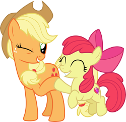 Size: 3111x3000 | Tagged: safe, artist:cloudy glow, apple bloom, applejack, earth pony, pony, g4, ^^, apple bloom's bow, apple sisters, applejack's hat, bow, cowboy hat, duo, duo female, eyes closed, female, filly, foal, hair bow, hat, mare, one eye closed, siblings, simple background, sisters, smiling, the cmc's cutie marks, transparent background, vector, wink