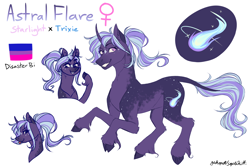 Size: 3000x2000 | Tagged: safe, artist:squishkitti, part of a set, oc, oc only, oc:astral flare, classical unicorn, pony, unicorn, g4, bisexual pride flag, blue text, body freckles, chest fluff, cloven hooves, coat markings, colored, colored ears, colored hooves, colored muzzle, colored tail, curved horn, dark muzzle, eyebrows, eyebrows visible through hair, eyelashes, facial markings, female, female oc, flat colors, freckles, high res, hock fluff, hooves, horn, implied starlight glimmer, implied trixie, leg fluff, leg freckles, leonine tail, looking back, magical lesbian spawn, mare, mare oc, next generation, no catchlights, offspring, parent:starlight glimmer, parent:trixie, parents:startrix, pink eyes, pink text, ponytail, pride, pride flag, profile, purple coat, purple hooves, purple text, raised hoof, reference sheet, signature, simple background, smiling, solo, star (coat marking), story included, tail, three quarter view, tied mane, tongue out, two toned mane, two toned tail, unicorn horn, unicorn oc, unshorn fetlocks, wall of tags, white background