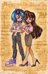 Size: 2270x3498 | Tagged: safe, artist:dariarchangel, dj pon-3, octavia melody, vinyl scratch, human, g4, arm in arm, blue hair, blushing, clothes, converse, cute, denim, duo, duo female, ear piercing, earring, eyeshadow, female, glasses, glasses on head, headphones, high heels, holding hands, humanized, jeans, jewelry, lesbian, lidded eyes, long hair, looking at each other, looking at someone, loving gaze, makeup, octavia's bowtie, pants, pencil skirt, piercing, ripped jeans, ripped pants, ship:scratchtavia, shipping, shirt, shoes, short hair, skirt, slender, smiling, smiling at each other, sneakers, sparkles, straight hair, tavibetes, thin, torn clothes, traditional art, two toned hair, vinyl's glasses, vinyl's headphones, vinylbetes, walking, white shirt