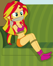 Size: 2000x2491 | Tagged: safe, artist:nie-martw-sie-o-mnie, part of a set, sunset shimmer, human, equestria girls, g4, arm behind back, belly, belly button, bondage, bound and gagged, boyshorts, bra, cloth gag, clothes, couch, feet, female, femsub, gag, panties, rope, rope bondage, sitting, socks, solo, stocking feet, submissive, subset, underwear