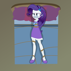 Size: 2500x2500 | Tagged: safe, artist:nie-martw-sie-o-mnie, part of a set, rarity, human, equestria girls, g4, bed, bondage, bound and gagged, clothes, female, femsub, gag, hairpin, lying down, nightgown, on back, pajamas, pillow, rarisub, rope, rope bondage, slippers, solo, submissive, tape, tape gag, tied down, tied to bed