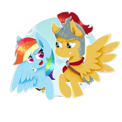 Size: 2000x2000 | Tagged: safe, artist:kathepart, flash magnus, rainbow dash, pegasus, pony, g4, armor, duo, duo male and female, female, male, simple background, stallion, transparent background