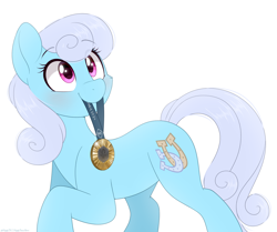 Size: 1754x1468 | Tagged: safe, artist:higglytownhero, linky, shoeshine, earth pony, pony, g4, blushing, cheek fluff, curly mane, curly tail, cute, eye clipping through hair, female, gold medal, looking up, mare, medal, mouth hold, olympic games, olympics, paris 2024, raised hoof, simple background, smiling, solo, tail, white background