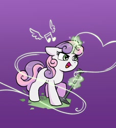 Size: 1858x2048 | Tagged: safe, artist:brella, sweetie belle, pony, unicorn, g4, cute, female, filly, foal, glowing, glowing horn, gradient background, horn, magic, music notes, open mouth, open smile, singing, smiling, solo