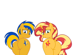 Size: 2048x1536 | Tagged: safe, artist:mlpfan3991, artist:ry-bluepony1, artist:shieldwingarmorofgod, sunset shimmer, oc, oc:flare spark, pegasus, unicorn, g4, butt, dock, duo, female, horn, lesbian, looking back, mane, plot, plot pair, ship:flareset, shipping, simple background, tail, transparent background