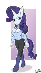 Size: 527x919 | Tagged: safe, artist:lukki, rarity, unicorn, anthro, g4, big breasts, breasts, busty rarity, cleavage, female, horn, lidded eyes, passepartout, solo