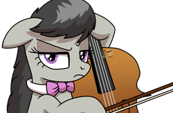 Size: 3207x2092 | Tagged: safe, artist:yourboimario, octavia melody, earth pony, pony, g4, bangs, bow (instrument), bowtie, bust, cello, cello bow, eyebrows, eyelashes, eyeshadow, female, floppy ears, frown, high res, hoof hold, looking at you, mare, musical instrument, narrowed eyes, octavia is not amused, octavia's bowtie, png, simple background, solo, transparent background, unamused, watermark