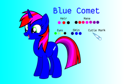 Size: 2062x1393 | Tagged: safe, oc, oc only, oc:blue comet, pony, unicorn, g4, female, gradient background, horn, mare, reference sheet, solo