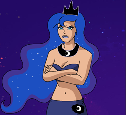 Size: 717x656 | Tagged: safe, artist:ocean lover, princess luna, human, g4, bandeau, bare midriff, bare shoulders, beautiful, belly, belly button, blue eyeshadow, blue lipstick, clothes, crossed arms, crown, curvy, cutie mark on clothes, ethereal hair, eyeshadow, frown, hourglass figure, humanized, jewelry, lidded eyes, lipstick, makeup, midriff, ms paint, night, night sky, peytral, purple sky, regalia, serious, serious face, sky, starry background, starry hair, stars, stupid sexy princess luna, tan skin, teal eyes, wavy hair