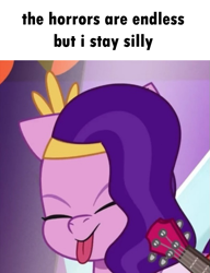 Size: 521x679 | Tagged: safe, alternate version, edit, edited screencap, editor:pink amena, screencap, pipp petals, pegasus, pony, g5, jazz hearts rocky, my little pony: tell your tale, banjo, caption, eyes closed, image macro, meme, musical instrument, ponified meme, silly, silly pony, solo, text, tongue out