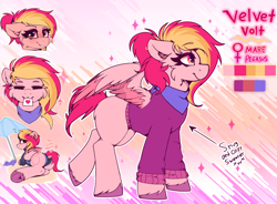 Size: 3800x2800 | Tagged: safe, artist:legionsunite, oc, oc:velvet volt, pegasus, pony, bandana, butt, clothes, emotes, plot, reference, reference sheet, sign, sitting, smiling, smirk, sweater, swimsuit, text