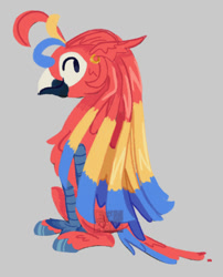 Size: 536x664 | Tagged: safe, artist:cingulomana, oc, oc only, unnamed oc, bird, classical hippogriff, hippogriff, macaw, parrot, alternate universe, ambiguous gender, ambiguous penetration, beak, blue hooves, chest fluff, classical hippogriff oc, colored, colored hooves, colored legs, dot eyes, ear fluff, ear piercing, earring, eye markings, facial markings, flat colors, gray background, head fluff, hippogriff oc, hooves, jewelry, leg fluff, lineless, long hair, looking back, piercing, profile, red feathers, simple background, sitting, smiling, solo, tail, tail feathers, three toned hair, watermark