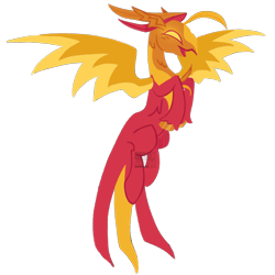 Size: 2048x2048 | Tagged: safe, artist:cingulomana, peewee, hybrid, original species, phoenix, phoenix pony, pony, g4, beak, bird head, blank flank, chest fluff, colored, colored chest fluff, colored hooves, colored wings, ear fluff, feather, feathered ears, flat colors, flying, head fluff, high res, hooves, long tail, open beak, open mouth, open smile, orange hooves, ponified, profile, red coat, shiny hooves, simple background, smiling, solo, spread wings, tail, transparent background, two toned hair, two toned tail, two toned wings, unshorn fetlocks, watermark, wings