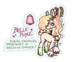 Size: 2048x1658 | Tagged: safe, artist:cingulomana, part of a set, oc, oc only, oc:belle rose, hybrid, jackalope, original species, pony, rabbit pony, accessory, bandaid, bandaid on nose, bell, blonde mane, blonde tail, brown hooves, bunny ears, bunny tail, butt freckles, cloven hooves, colored eartips, colored eyebrows, colored hooves, colored horns, colored pupils, cowbell, cream coat, cream eyeshadow, curly mane, curly tail, ear fluff, ear tufts, element of harmony, eye clipping through hair, eyebrows, eyebrows visible through hair, eyelashes, eyeshadow, female, female oc, freckles, green text, hooves, horns, jackalope pony, leg markings, lidded eyes, makeup, mare, mare oc, outline, pink eyes, pink pupils, profile, red text, shiny hooves, simple background, smiling, solo, standing, starry eyes, striped mane, striped tail, tail, tall ears, text, transparent background, watermark, wingding eyes